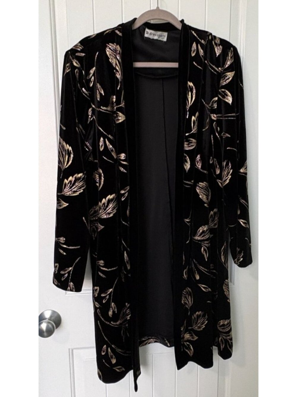 Dressbarn Womans Open Front Jacket Size 16W Black & Gold Glitter Floral Duster - Picture 10 of 10